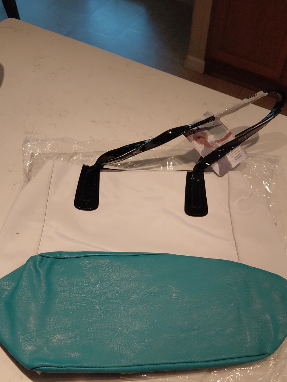 Paris Hilton White and Teal Two-Tone Tote with Black Handles